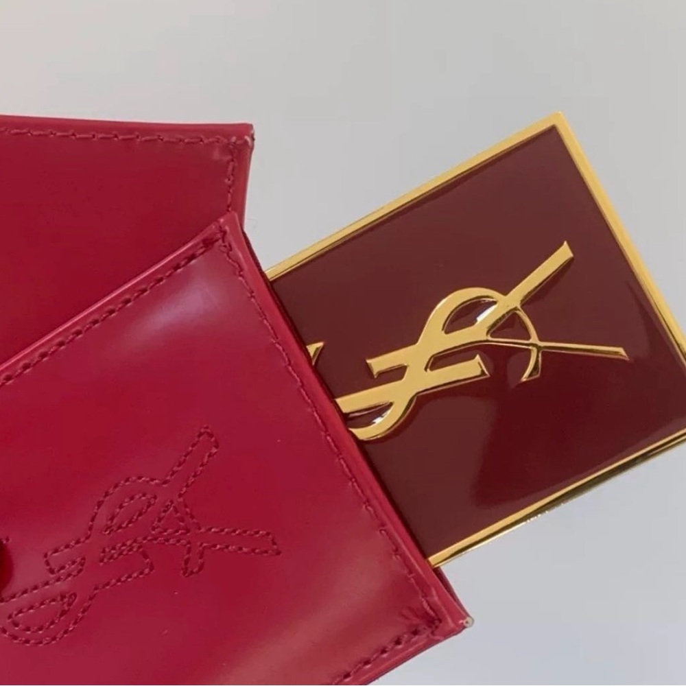 Yves Saint Laurent Red Patent Leather Card Case with Gold Logo Plaque
